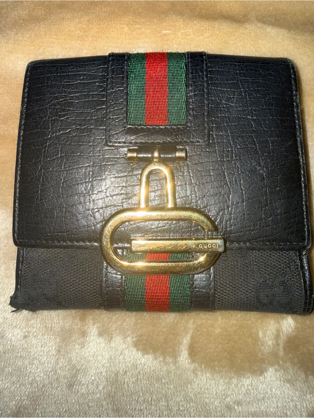 Gucci Black Sherry Line Leather Wallet with Green and Red Web Stripe